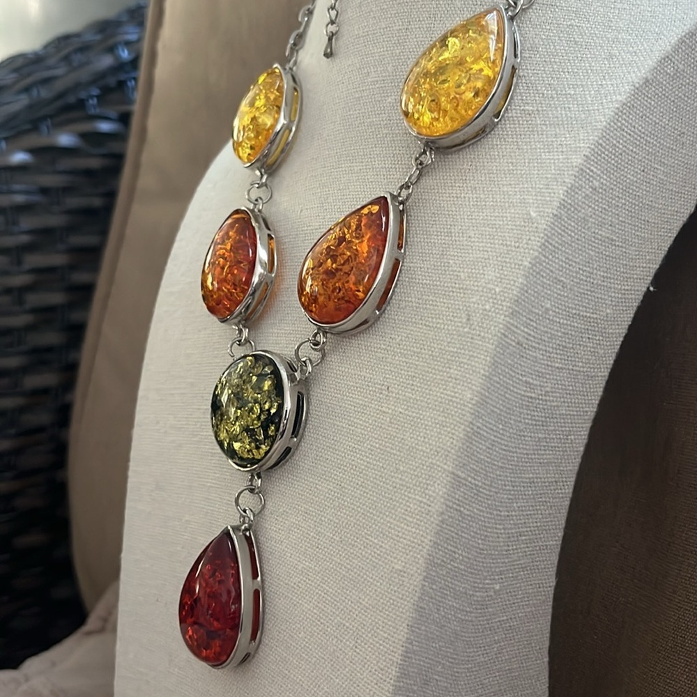 Teardrop Necklace Faux Baltic Amber in Fall Colors Sun Catching Multicolor Beads